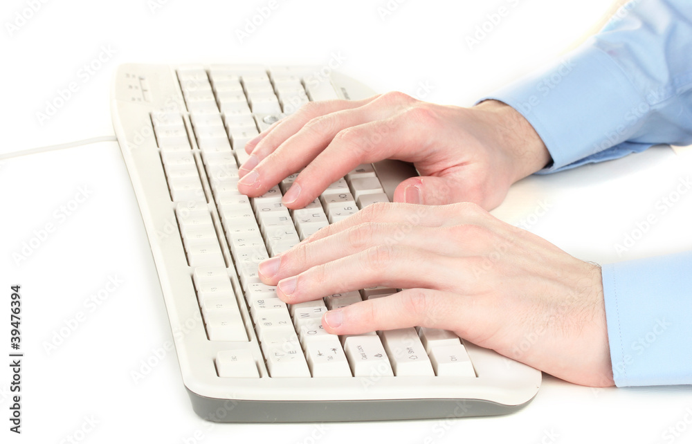 male hands typing on the keyboard isolated on white male hands typing on the keyboard isolated on white