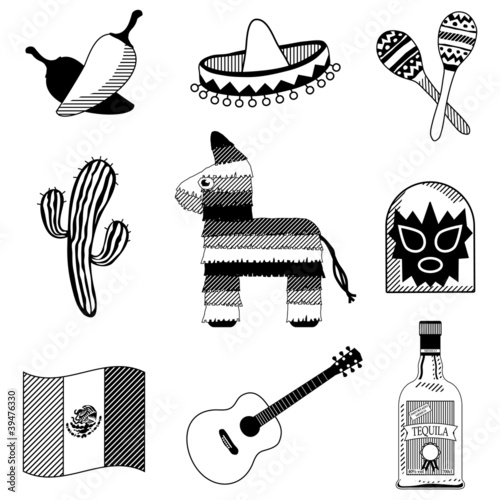 mexican silhouette vector clipart icons pinata cactus mexico flag tequila maraca sombrero chili isolated on white