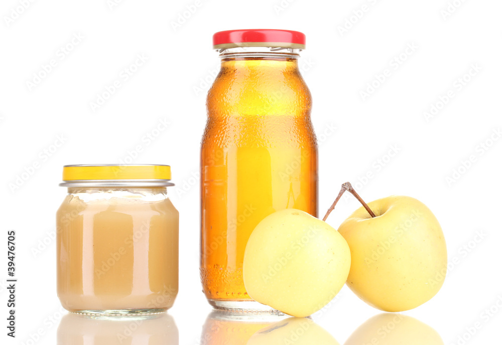 Jar of baby puree and juice with apple isolated on white Jar of baby puree and juice with apple isolated on white