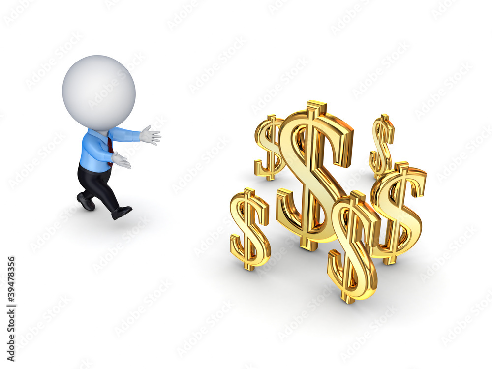 3d small person running to a dollar signs. 3d small person running to a dollar signs.