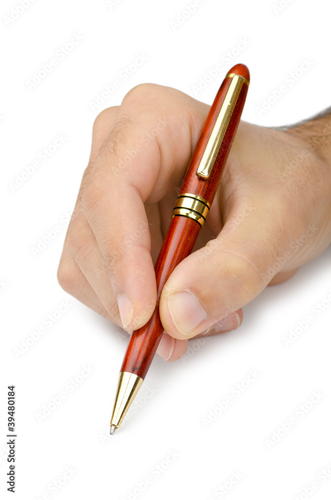 Hand with pen writing on white Hand with pen writing on white