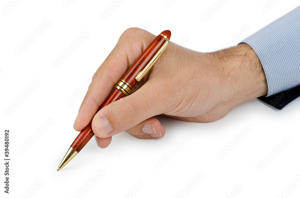 Hand with pen writing on white Hand with pen writing on white