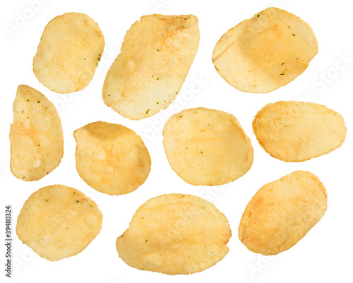 Potato chips isolated on white, closeup view