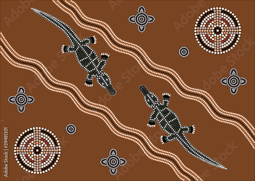 based on aboriginal style of dot painting depicting crocodiles