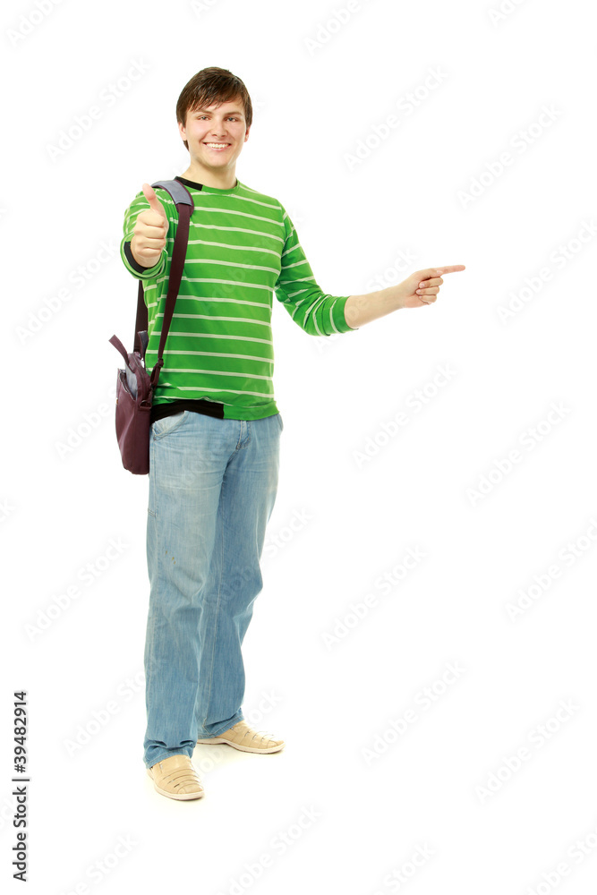 A young guy showing ok and pointing something interesting A young guy showing ok and pointing something interesting