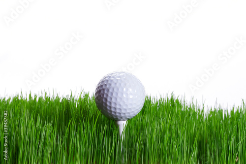 Golf ball on the tee in green grass over white