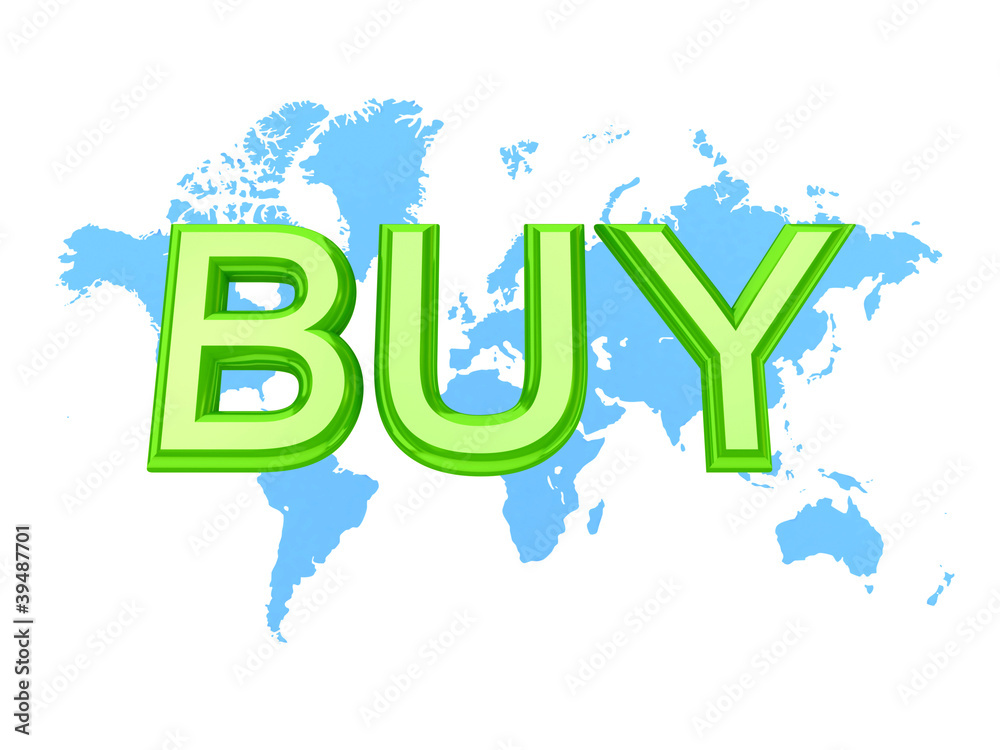 World's map and green word BUY. World's map and green word BUY.