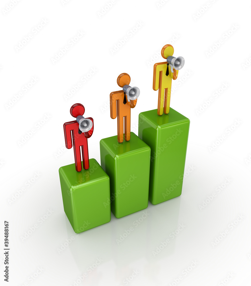 Shouting 3d small people standing on a graph. Shouting 3d small people standing on a graph.