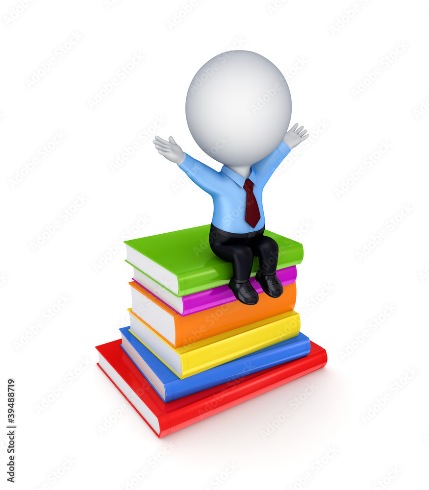 3d small person sitting on a stack of books.