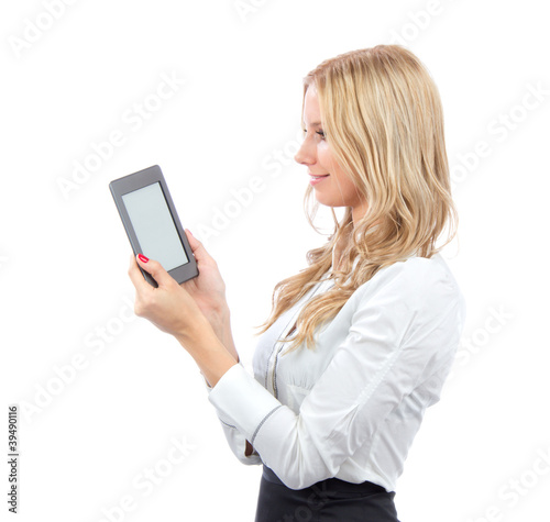 Woman with new wireless reading digital book kindle