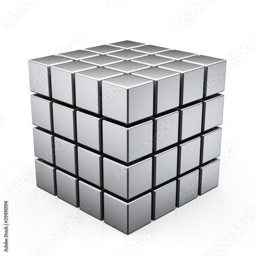 3D illustration of metal cube built from blocks