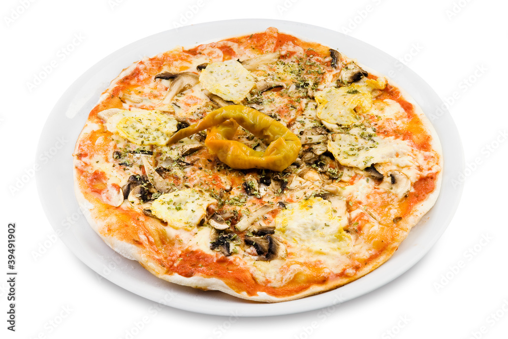 pizza with mushrooms, cheese, chili pepper on plate, isolated