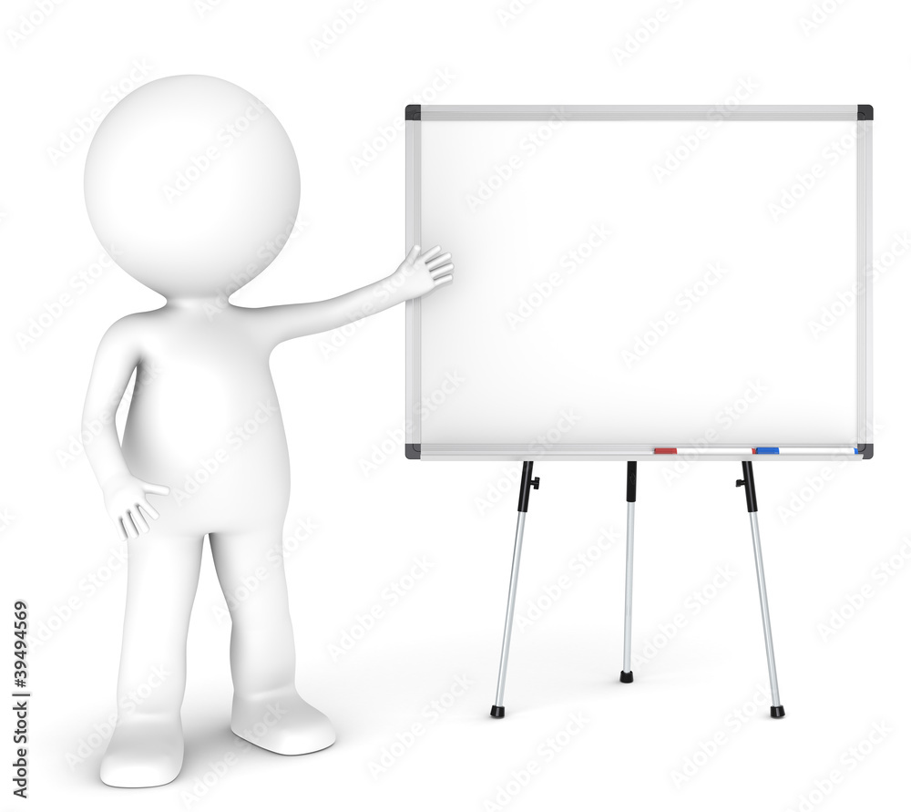 3D little human character with a blank whiteboard 3D little human character with a blank whiteboard
