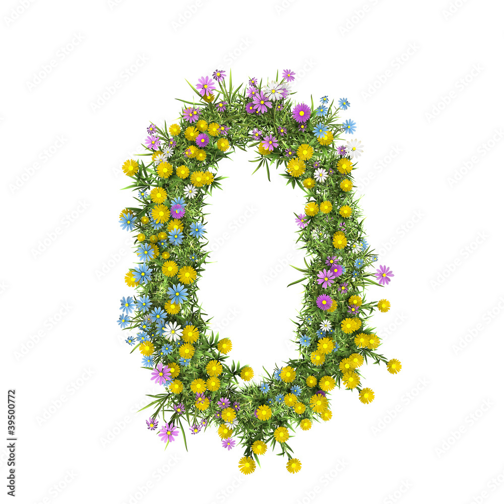 Number 0, flower alphabet isolated on white