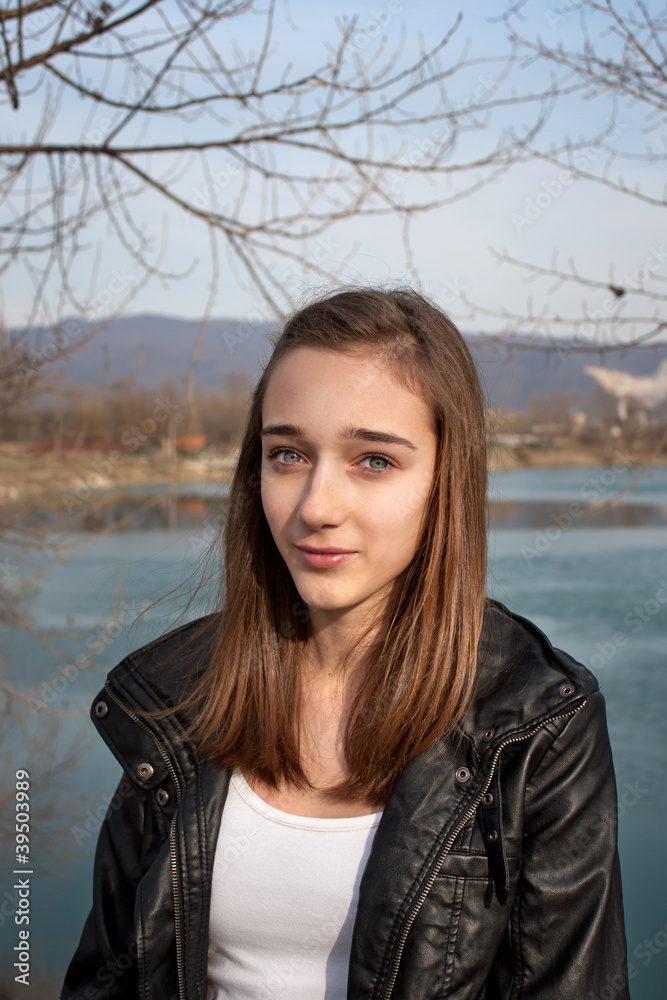 Teenage girl in black leather jacket Teenage girl in black leather jacket