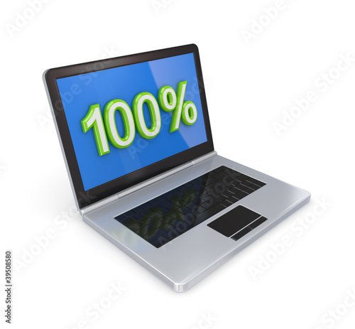 Modern notebook with a big word 100% on a screen.