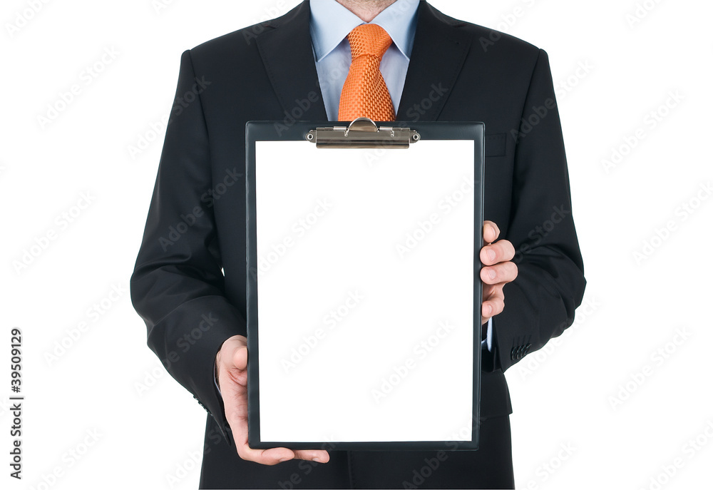 businessman holding blank clipboard isolated on white background businessman holding blank clipboard isolated on white background