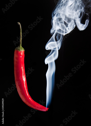 Smoking red hot chilli pepper with burning tip and smoke