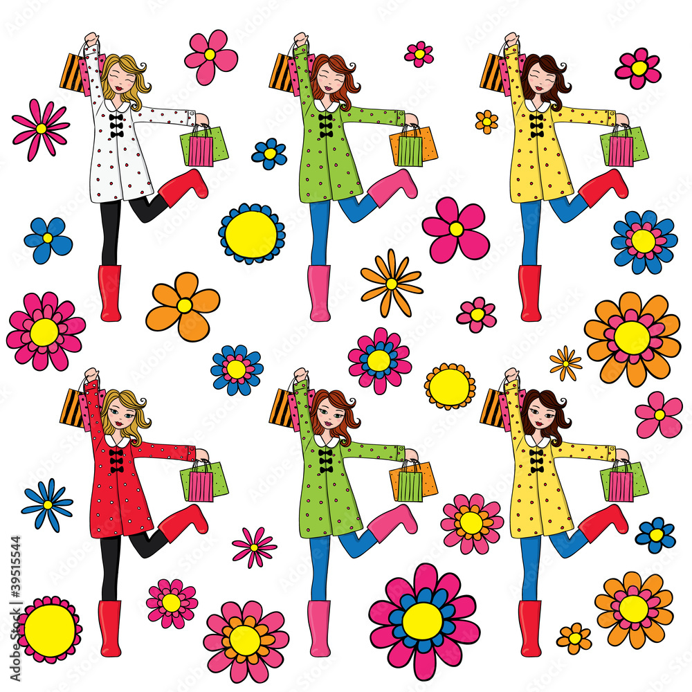 Set of cute women with shopping bags wearing spring clothing. Set of cute women with shopping bags wearing spring clothing.