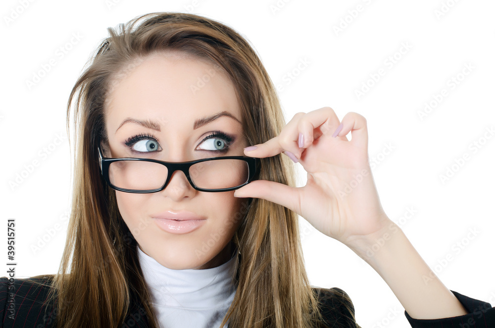 The business woman in glasses looks sideways isolated The business woman in glasses looks sideways isolated