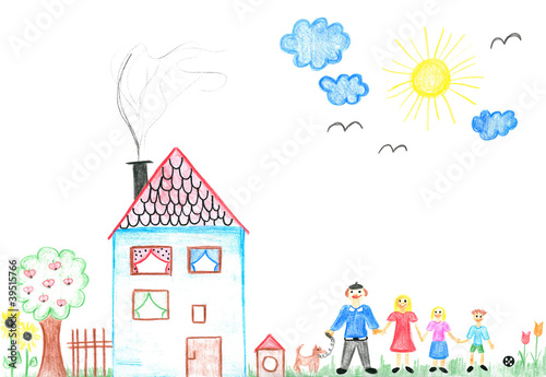 Child's drawing happy family with house and dog.