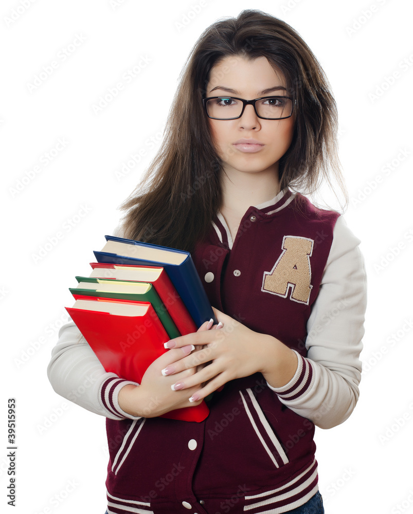 The girl the student with books in hands The girl the student with books in hands