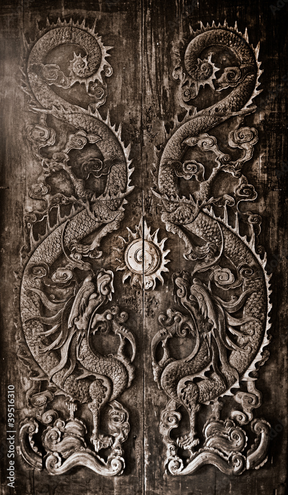 Antique wooden door, Sculpt a Dragon God.