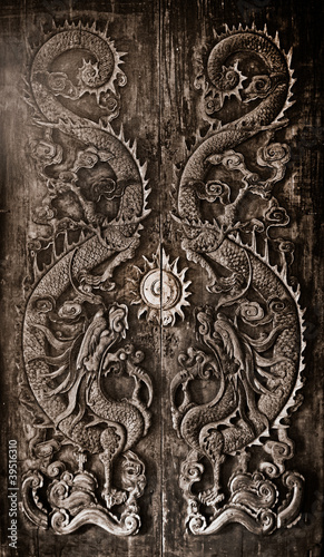 Antique wooden door, Sculpt a Dragon God.