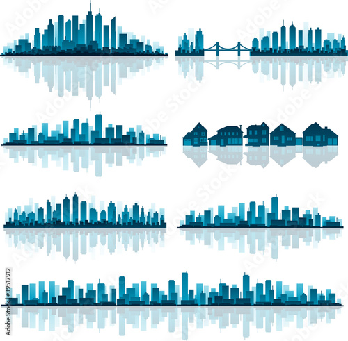Blue cityscape silhouette with reflection