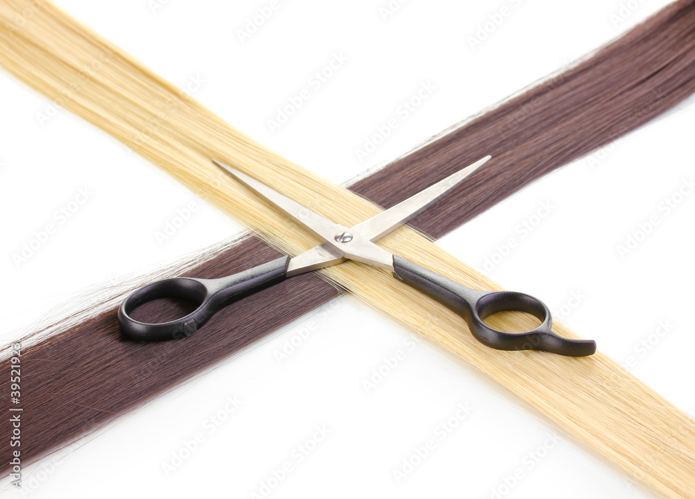Shiny blond and brown hair with hair cutting shears isolated Shiny blond and brown hair with hair cutting shears isolated