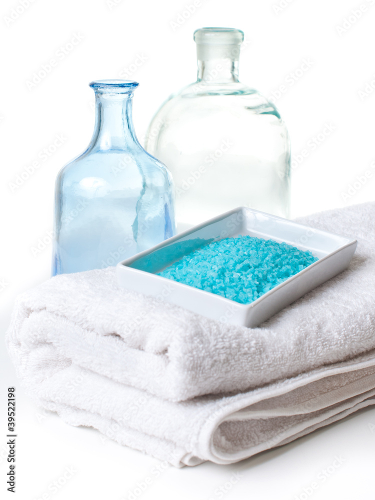 salt, white towels and a bottles salt, white towels and a bottles