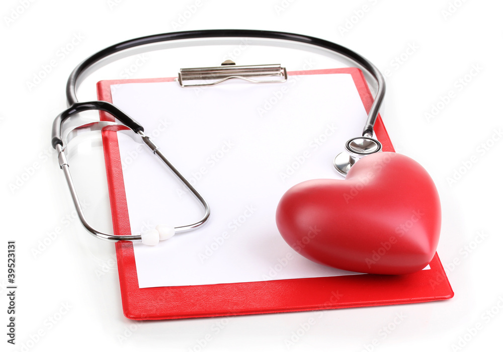 Stethoscope, heart and blank clipboard isolated on white