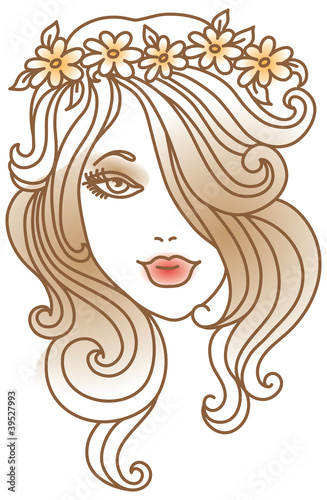 Beautiful woman with flower, linear illustration