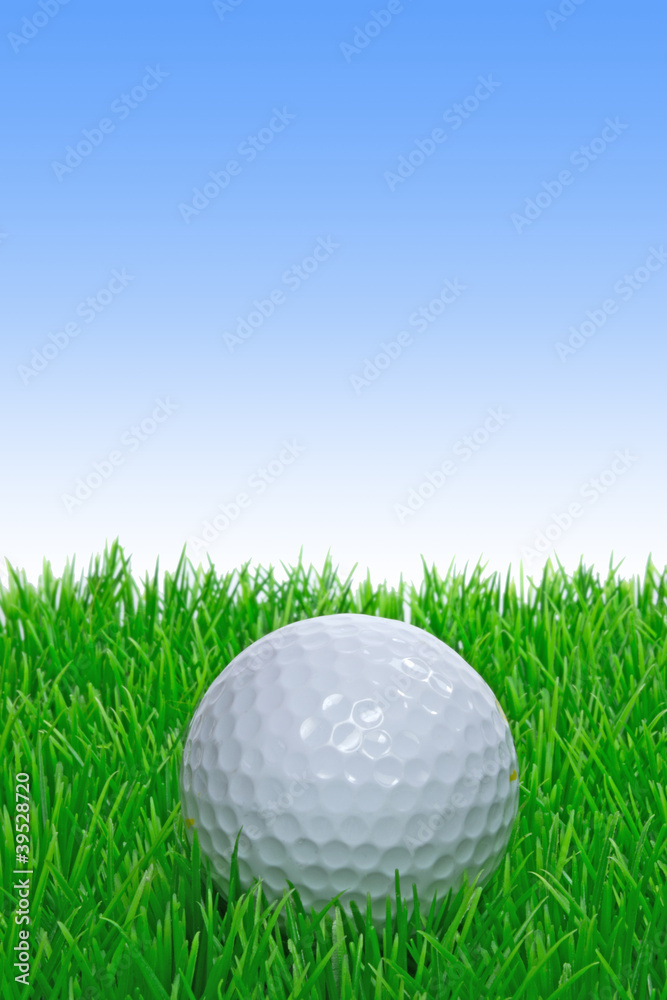A single golf ball on grass with blue sky copy space A single golf ball on grass with blue sky copy space
