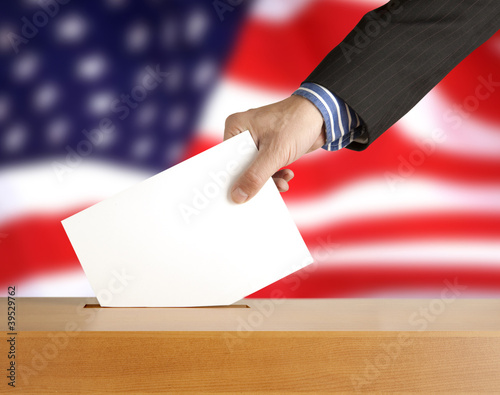 Canvastavla Hand with ballot and box on Flag of USA