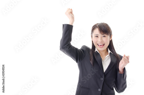 a portrait of asian businesswoman cheering