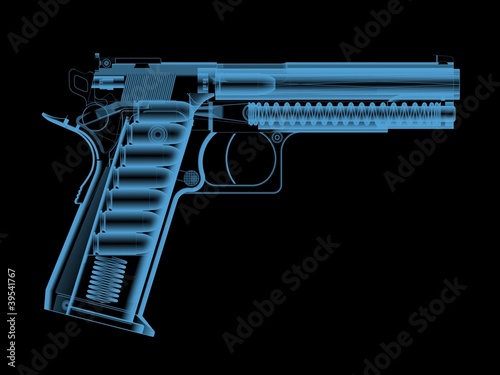 X-ray of a pistol with bullets.
