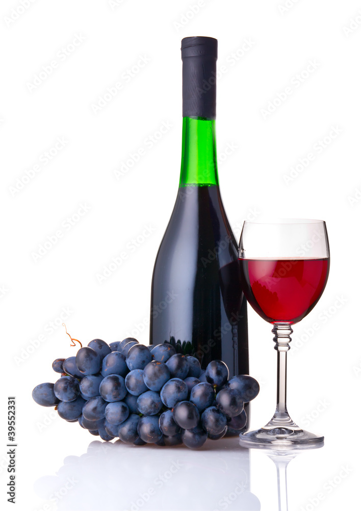 Bottle of wine with grape and glass isolated