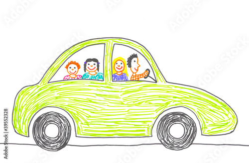 Child's drawing happy family on the car trip.