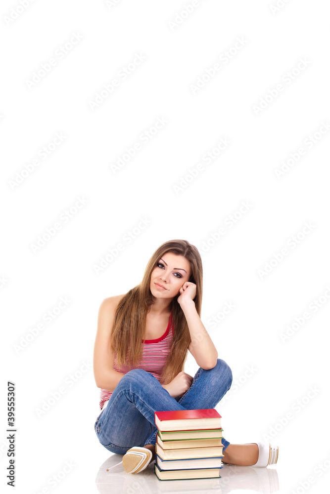 student with a stack of books, isolated on white student with a stack of books, isolated on white