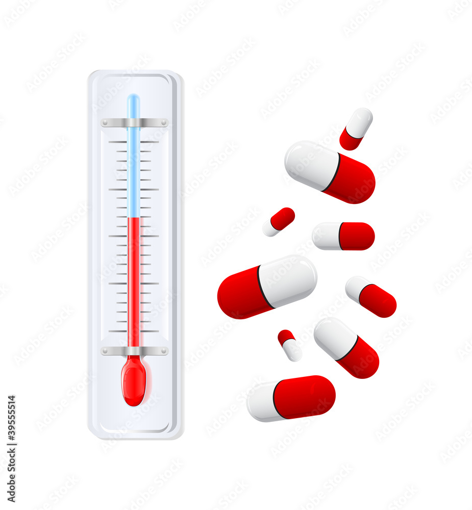 White thermometer with red indicator and red and white pills White thermometer with red indicator and red and white pills