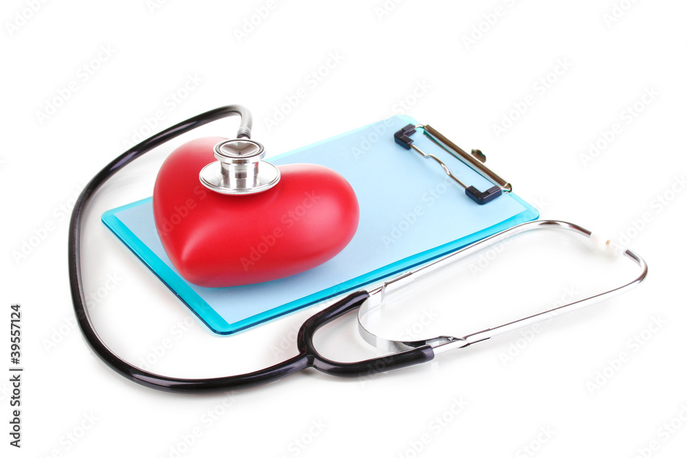 Stethoscope, heart and blank clipboard isolated on white Stethoscope, heart and blank clipboard isolated on white
