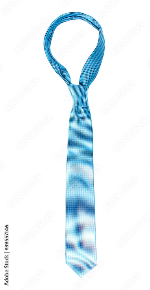 Blue tie on wooden hanger isolated on white Blue tie on wooden hanger isolated on white