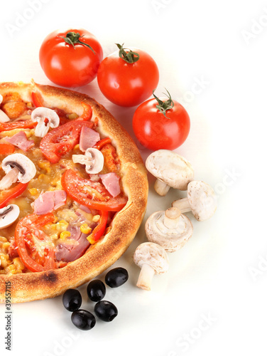 Aromatic pizza with vegetables and mushrooms close-up isolated