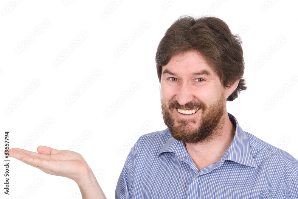 The man with a beard showing something on the palm of her hand The man with a beard showing something on the palm of her hand