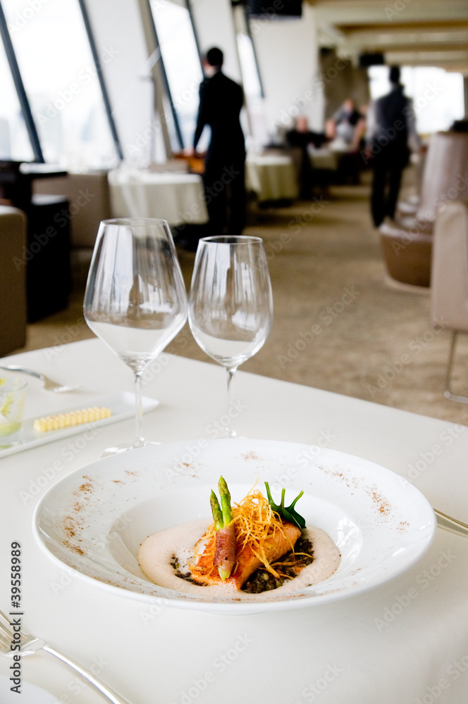 Salmon and asparagus at luxury restaurant