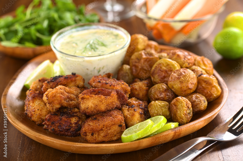 Breaded fried calamary with small baked potatoes Breaded fried calamary with small baked potatoes