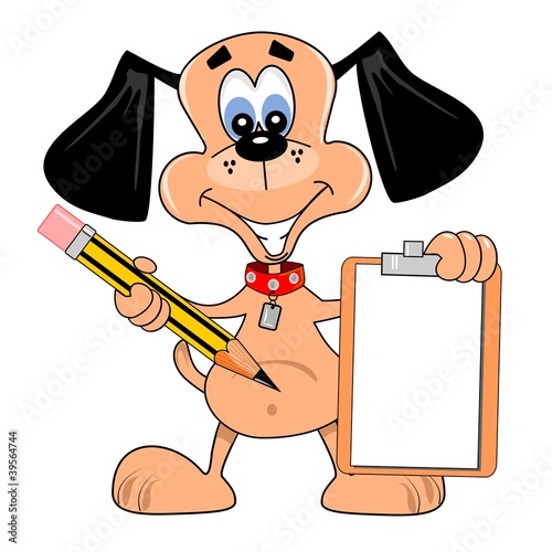 A cartoon dog holding blank clipboard and pencil with copy space