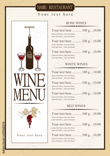 wine menu with a price list of different wines
