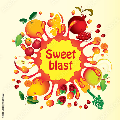 Banner with fruit  and splashes juice